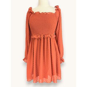 Anthropologie Entro Sheer Swiss Dot Mini Dress Smocked Boho Coral Orange Size S